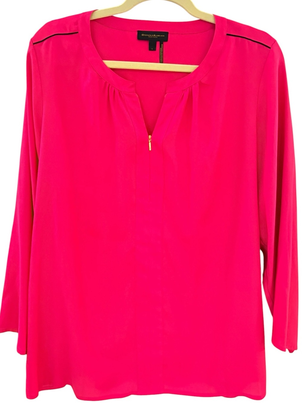 Donna Karan New York Fuchsia Zip Neck Blouse 3/4 Sleeve Top Size L EUC